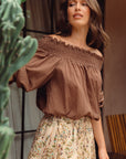 Sediah Smocked Top - Sky Blue / Brown
