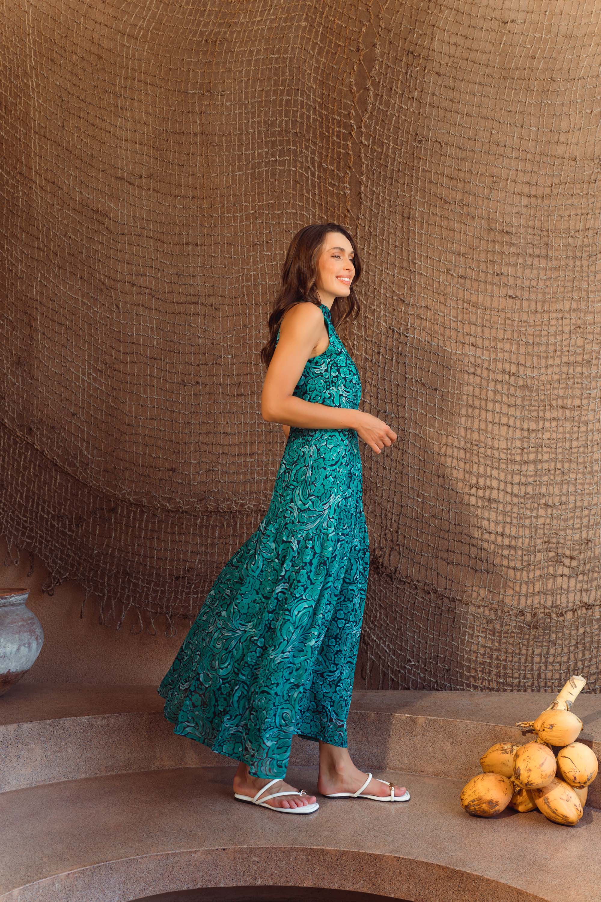 Giselle Pleated Halter Cheongsam - Jade Paisley / Ocean Blue