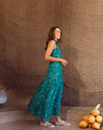 Giselle Pleated Halter Cheongsam - Jade Paisley / Ocean Blue