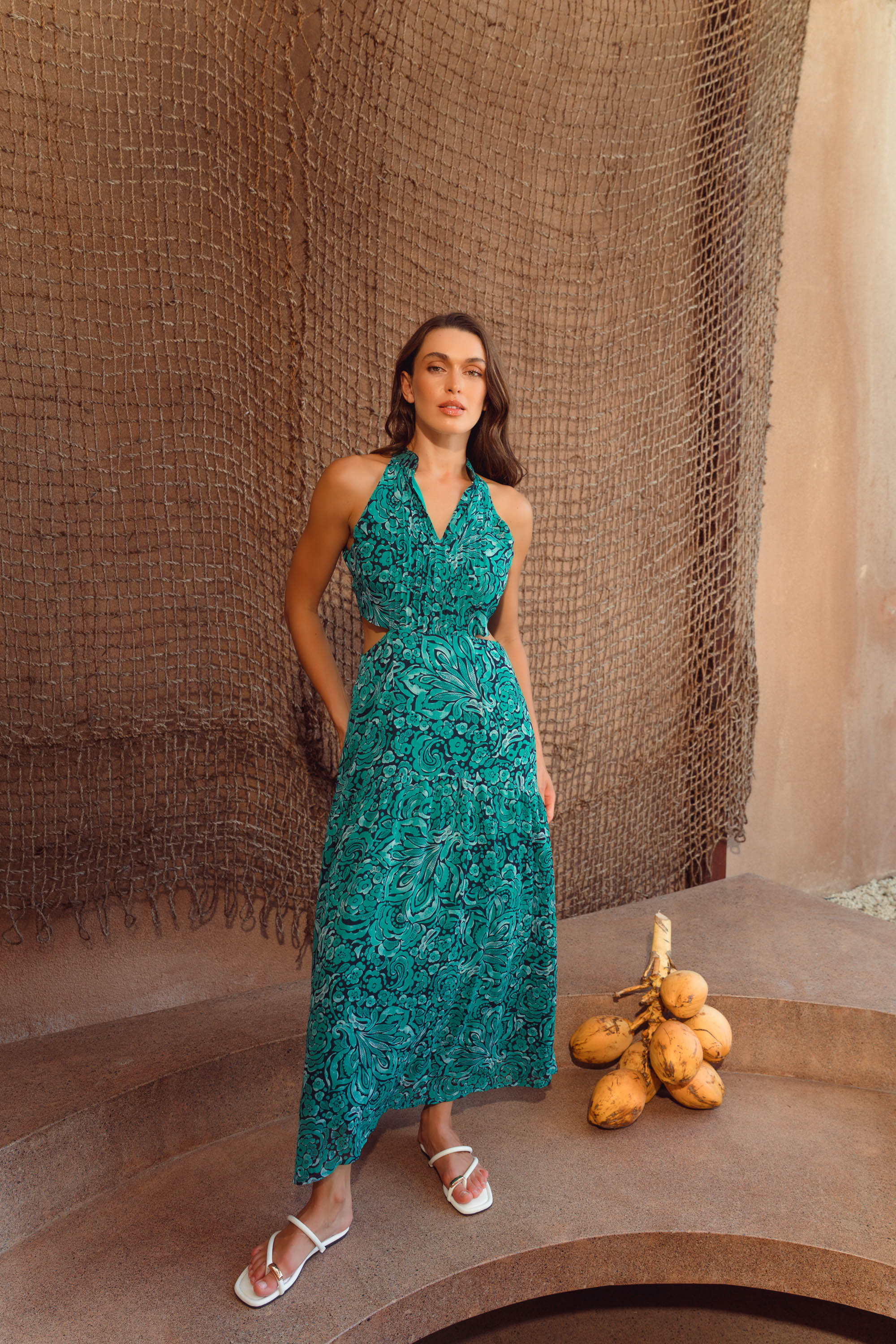 Giselle Pleated Halter Cheongsam - Jade Paisley / Ocean Blue