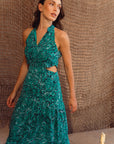 Giselle Pleated Halter Cheongsam - Jade Paisley / Ocean Blue