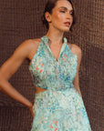 Giselle Pleated Halter Cheongsam - Mint Floral