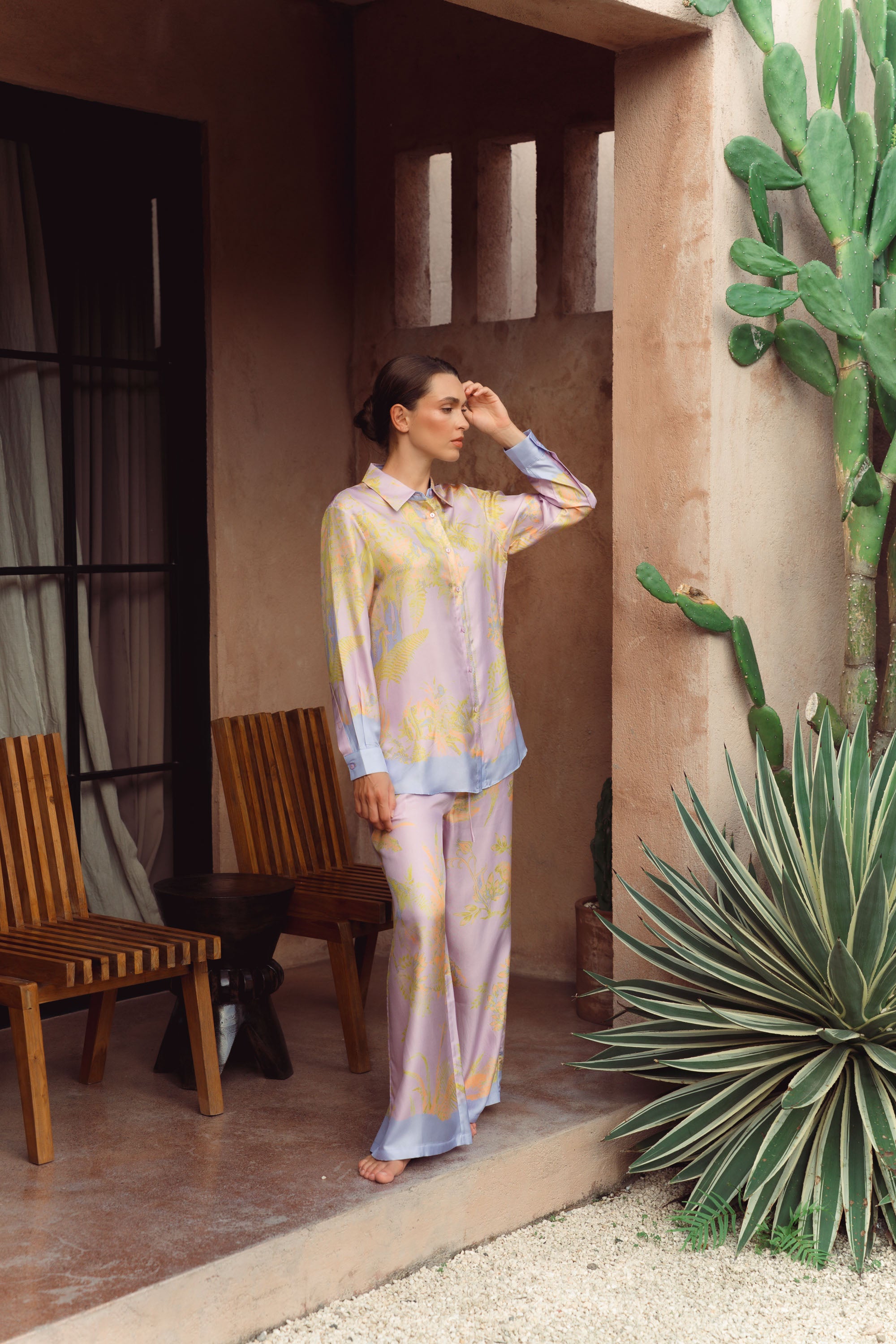 Fern Forest Silk Pants - Green / Lilac