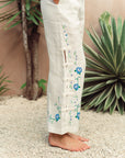 Cross Stitch Linen Pants - Blue / Multi-colour