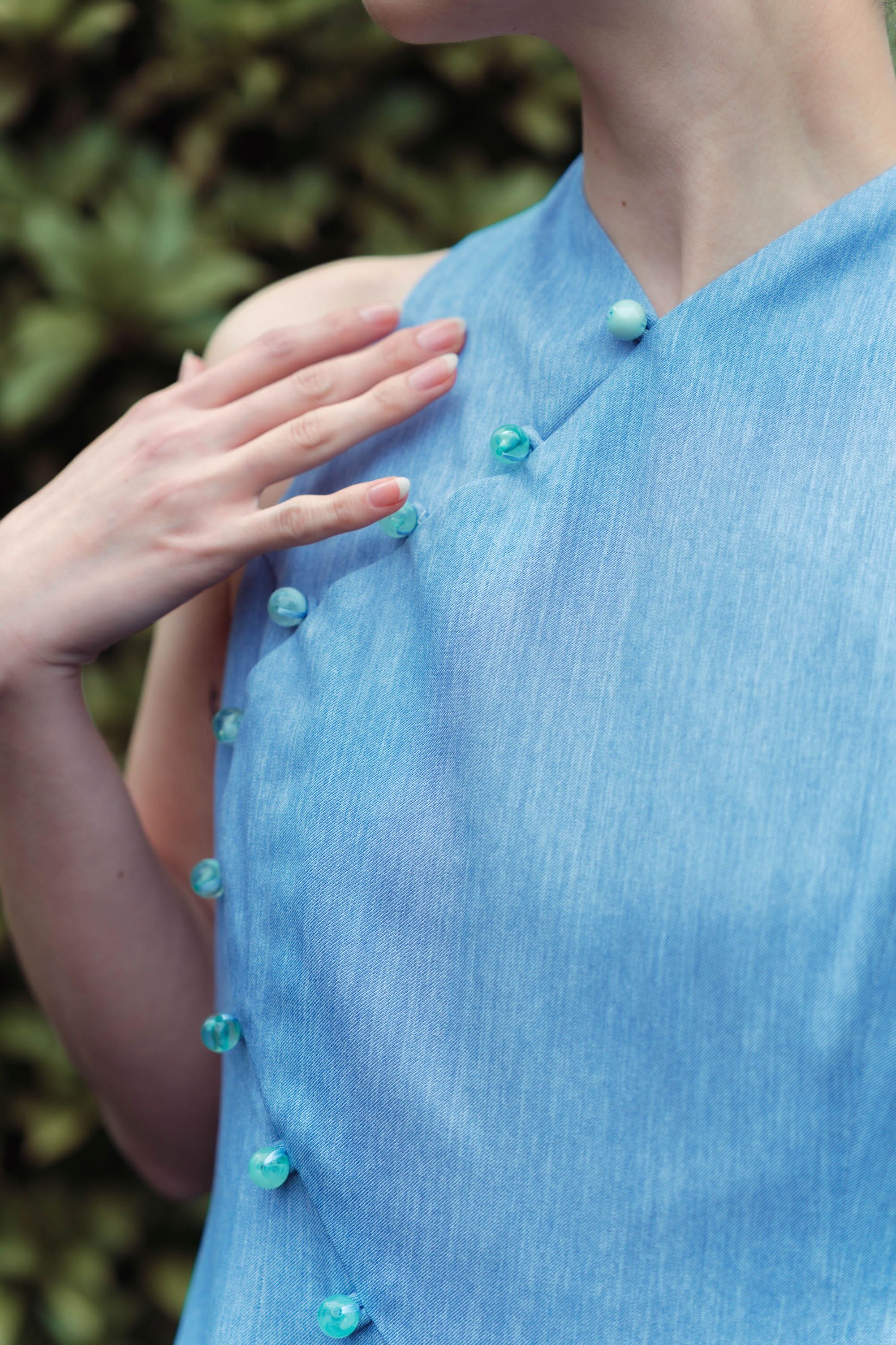 Tsuki Cheongsam Top - Dark / Light Chambray BACKORDER