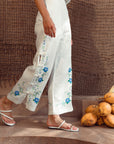 Cross Stitch Linen Pants - Blue / Multi-colour