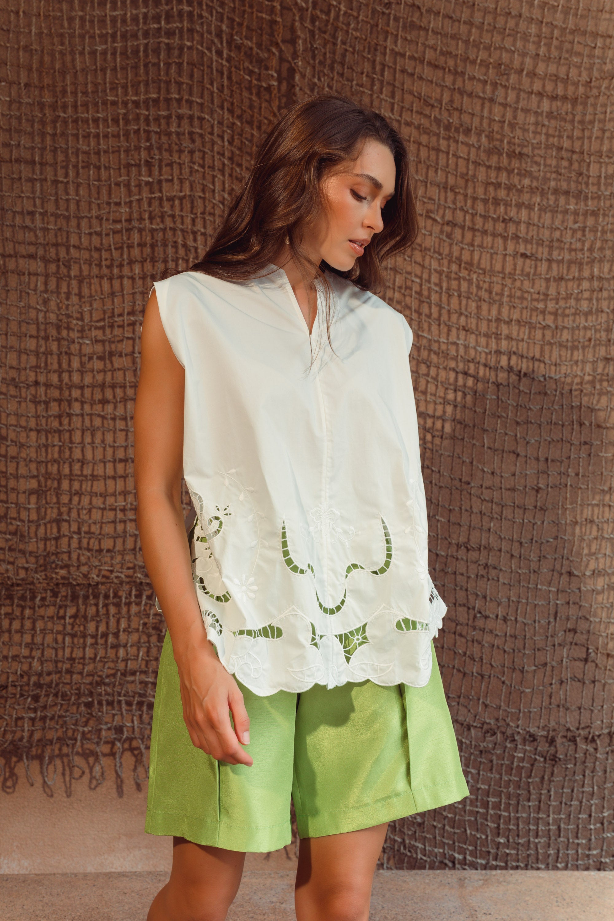 Sayang Embroidery Tie Top - White / Midnight Blue