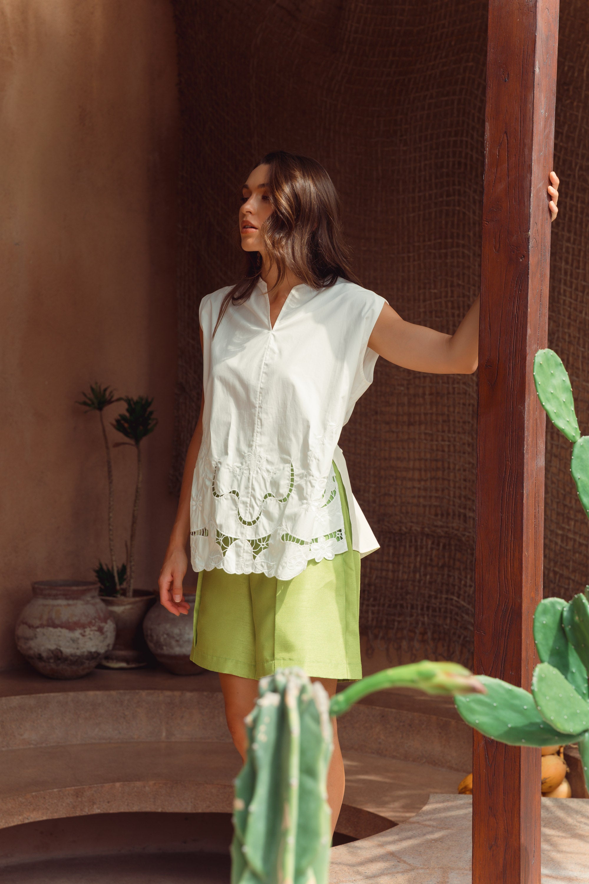 Sayang Embroidery Tie Top - White / Midnight Blue