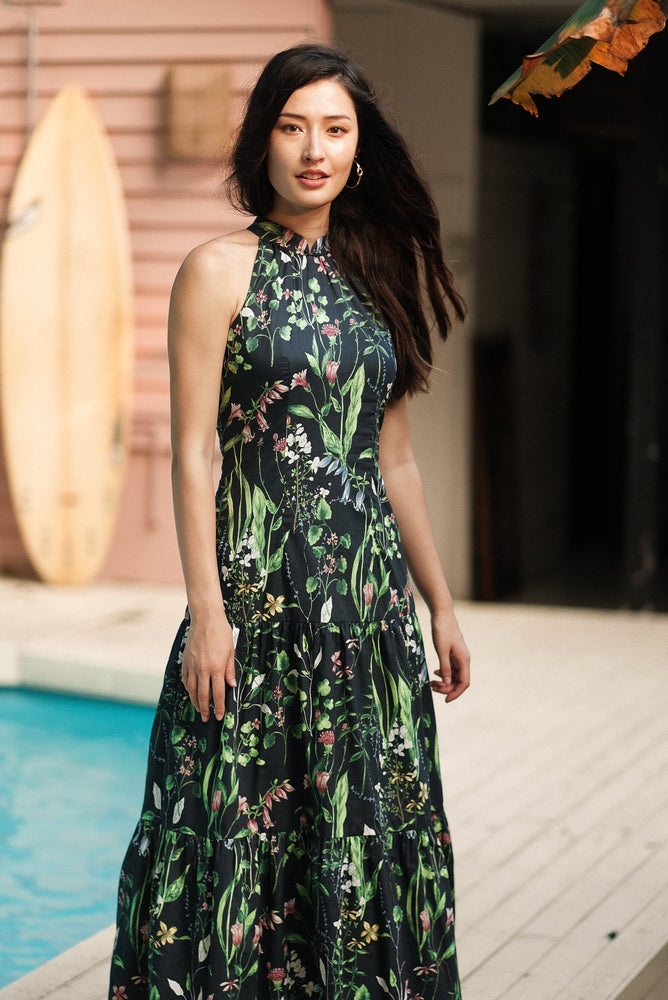 Lush Halter Maxi Dress - Navy Botanical