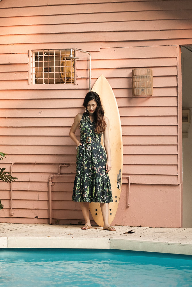 Journey Halter Shirt Dress - Navy Botanical