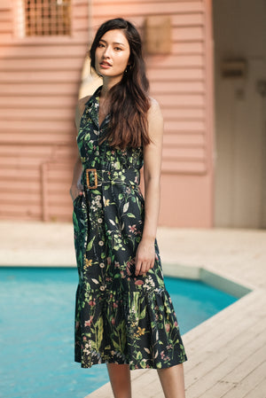 Journey Halter Shirt Dress - Navy Botanical