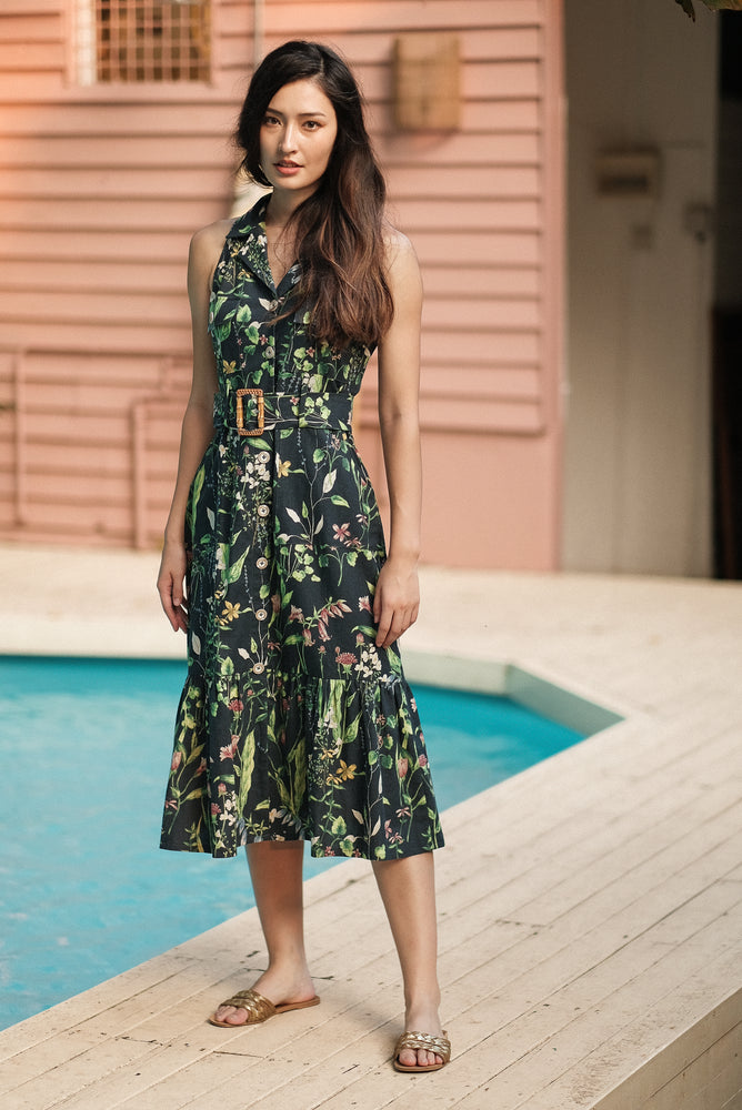 Journey Halter Shirt Dress - Navy Botanical