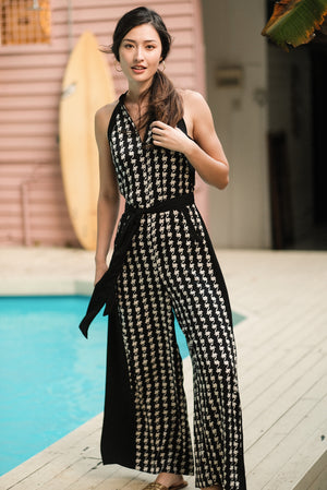 Kyoto Halter Maxi Jumpsuit - Houndstooth / Orange Navy Florals