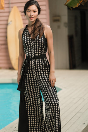 Kyoto Halter Maxi Jumpsuit - Houndstooth / Orange Navy Florals