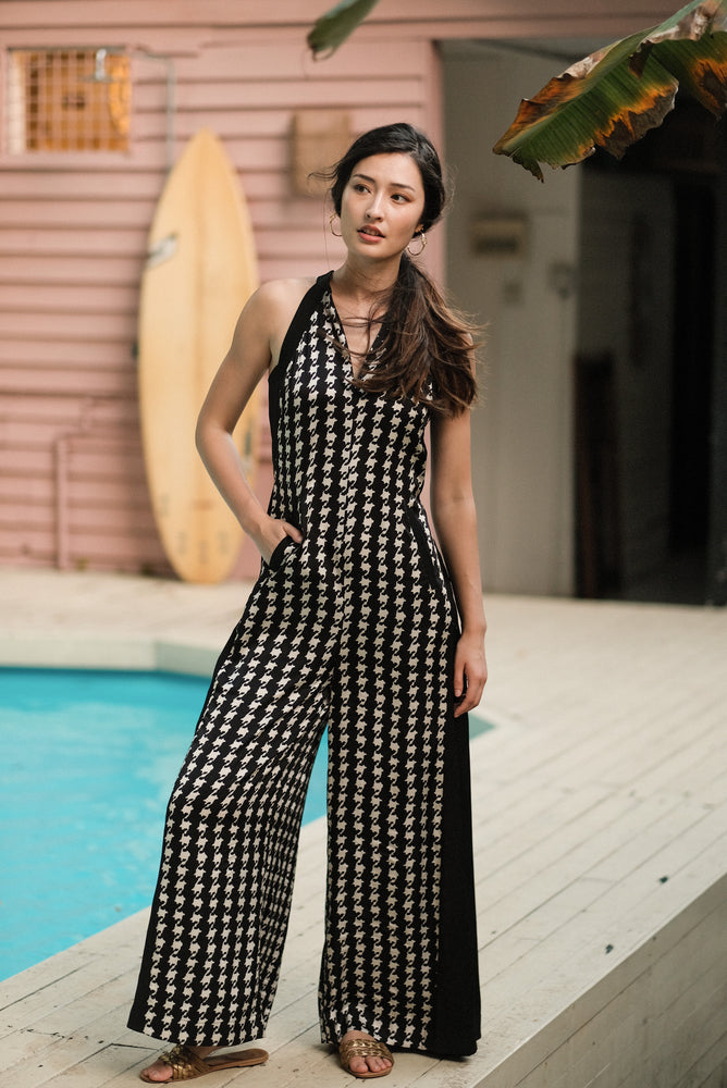 Kyoto Halter Maxi Jumpsuit - Houndstooth / Orange Navy Florals