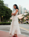 Colonial Cotton Voile Dress - White / Olive Green