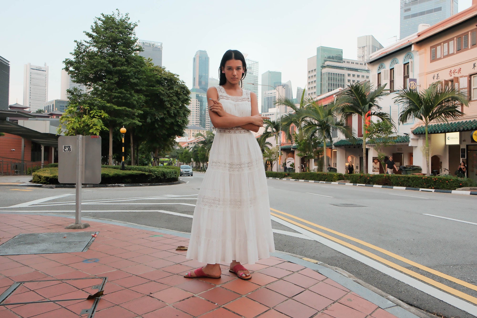 Colonial Cotton Voile Dress - White / Olive Green