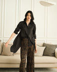 Mia Tie-Back Satin Shirt - Black / Olive Green