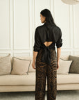 Mia Tie-Back Satin Shirt - Black / Olive Green