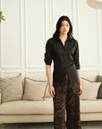 Mia Tie-Back Satin Shirt - Black / Olive Green