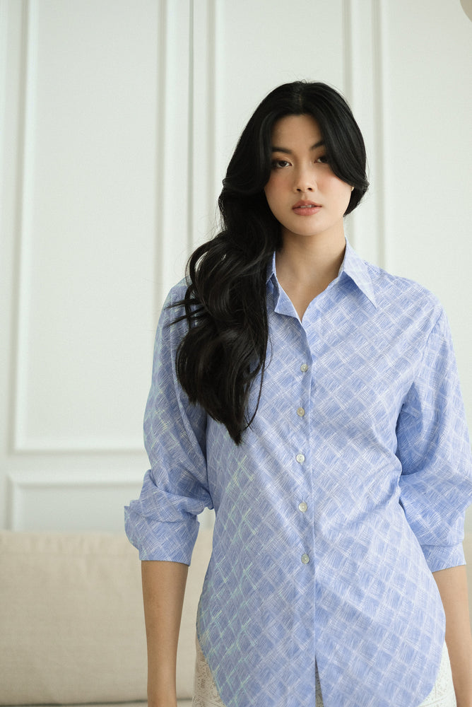 Mia Tie-Back Shirt - Blue Weave / White