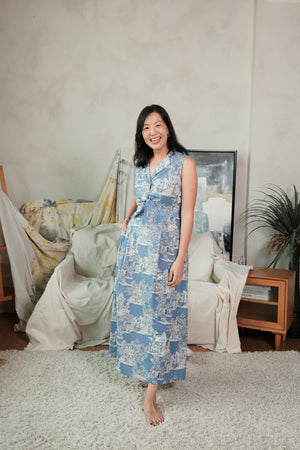 Amy Tie Shirt Dress - Blue Toile