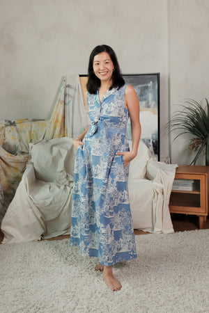 Amy Tie Shirt Dress - Blue Toile