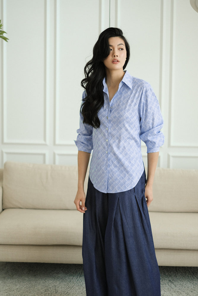 Mia Tie-Back Shirt - Blue Weave / White