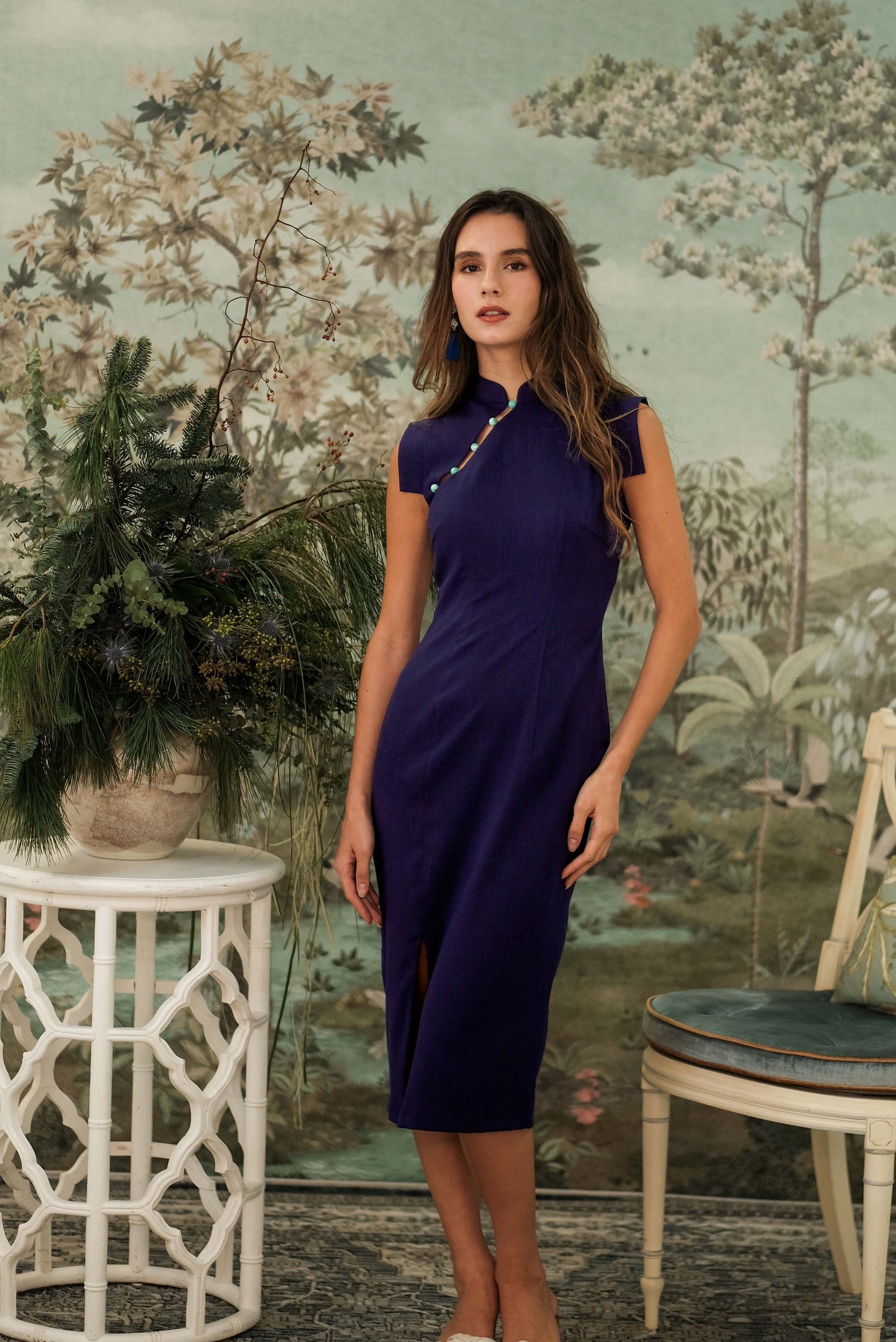 Ava Fitted Midi Cheongsam - Teal / Royal Purple / Coral (Pre-order)