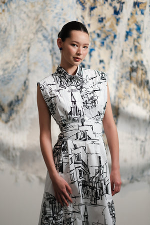 Turin Doodle Maxi Shirt Dress - Black and White