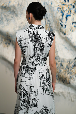 Turin Doodle Maxi Shirt Dress - Black and White