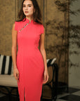 Ava Fitted Midi Cheongsam - Teal / Royal Purple / Coral (Pre-order)