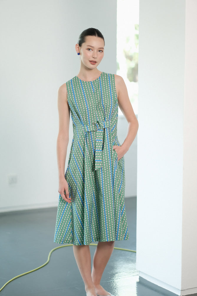 Faye Belted Dress - Black & White / Blue & Green