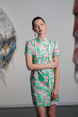 Theia Tie Shift Cheongsam - Pink-Green Floral