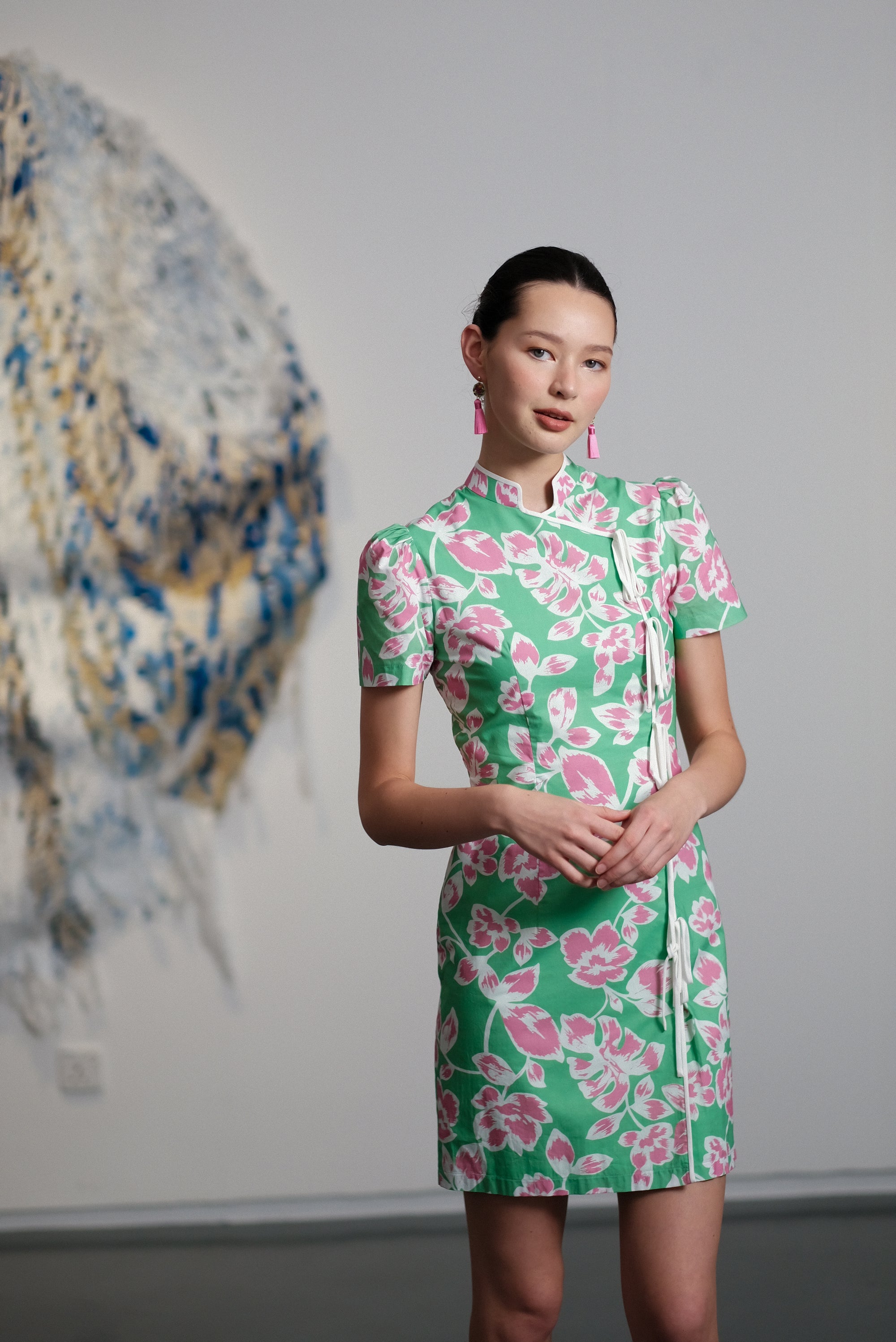 Theia Tie Shift Cheongsam - Pink-Green Floral The Missing Piece Theia Tie Shift Cheongsam - Pink-Green Floral The Missing Piece