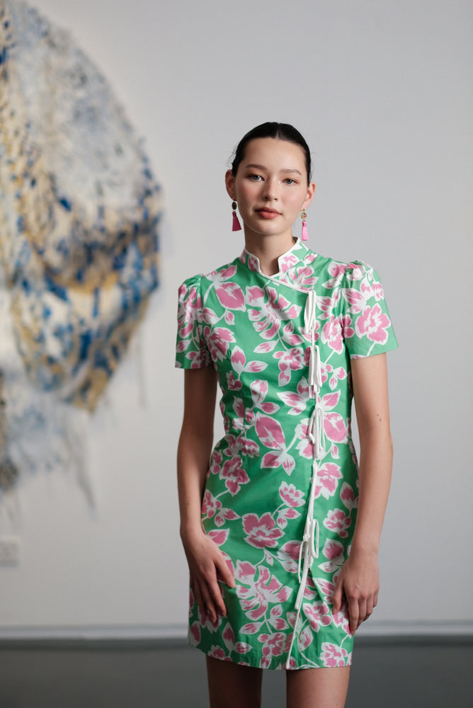 Theia Tie Shift Cheongsam - Pink-Green Floral