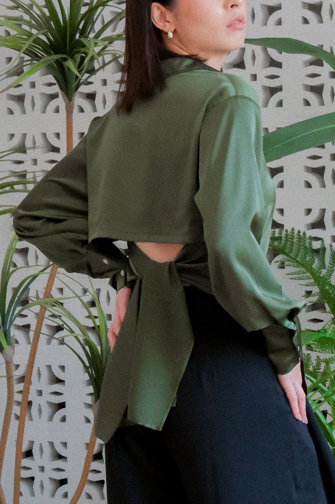 Mia Tie-Back Satin Shirt - Black / Olive Green