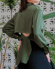 Mia Tie-Back Satin Shirt - Black / Olive Green