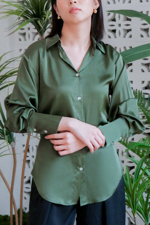 Mia Tie-Back Satin Shirt - Black / Olive Green