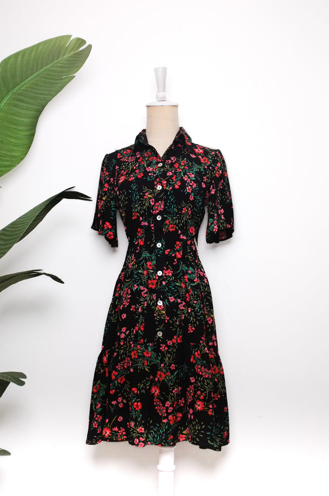 Ainslee Pleated Mini Shirt Dress - Black Floral