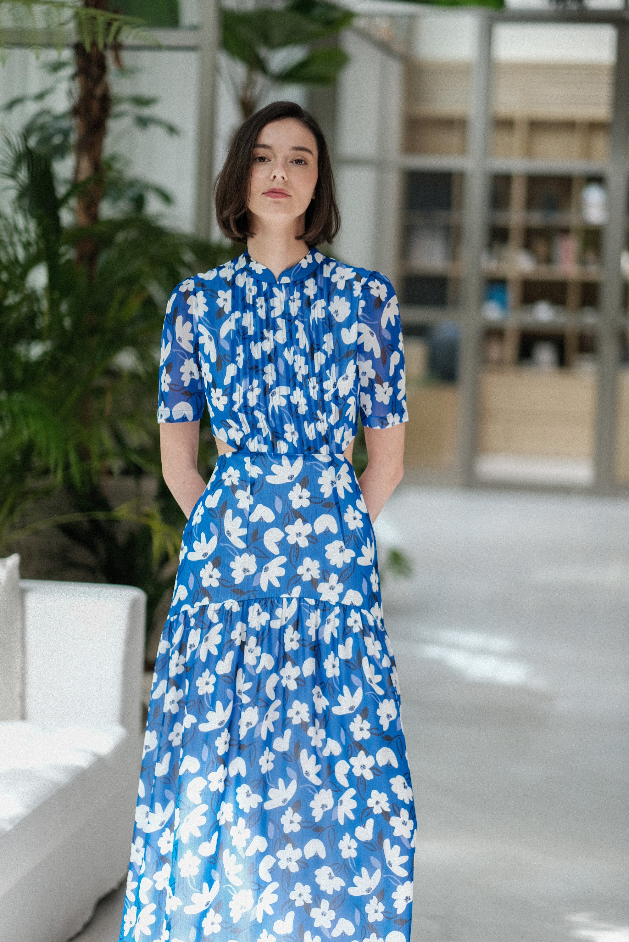 Gigi Pleated Maxi Cheongsam - Pastel Romance / Cobalt Blooms
