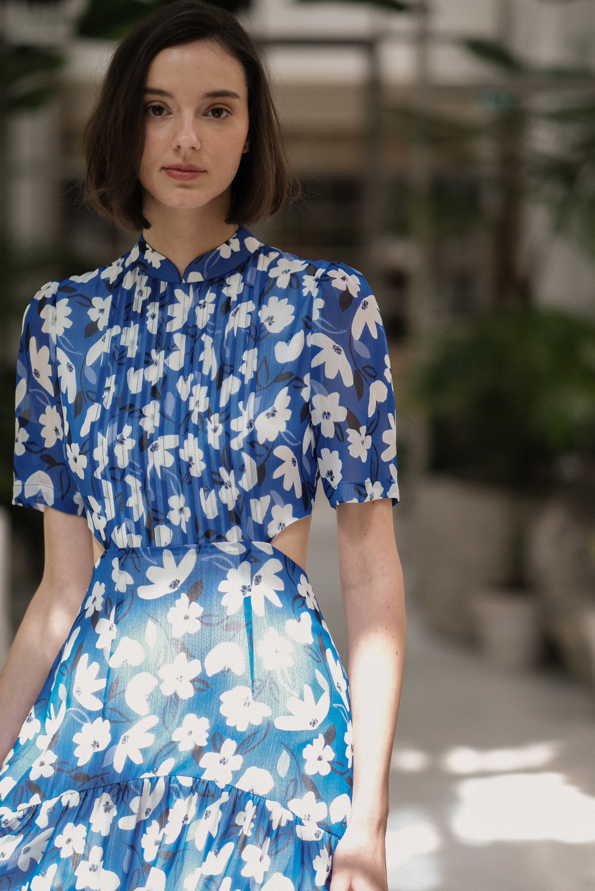 Gigi Pleated Maxi Cheongsam - Pastel Romance / Cobalt Blooms