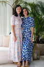 Gigi Pleated Maxi Cheongsam - Pastel Romance / Cobalt Blooms