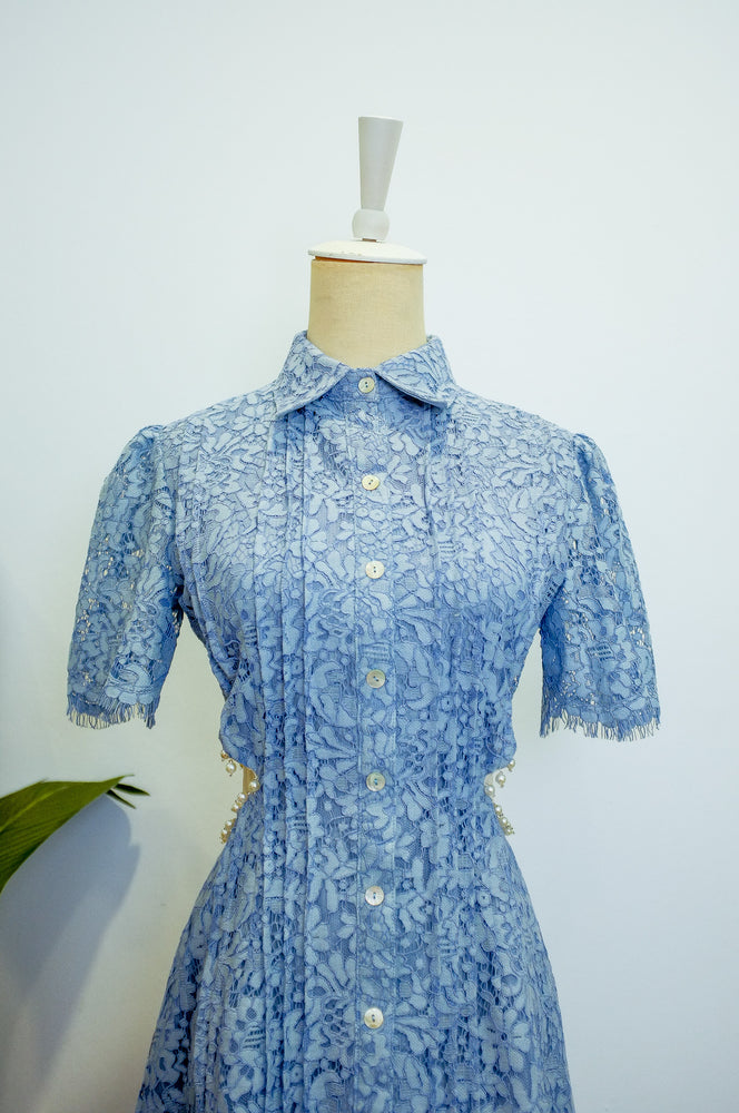Ainslee Pleated Mini Shirt Dress - Cornflower Blue Lace