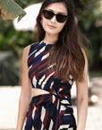 Marina Cut-Out Dress - Maroon Blue Geometric / Houndstooth