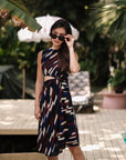 Marina Cut-Out Dress - Maroon Blue Geometric / Houndstooth