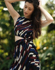 Marina Cut-Out Dress - Maroon Blue Geometric / Houndstooth