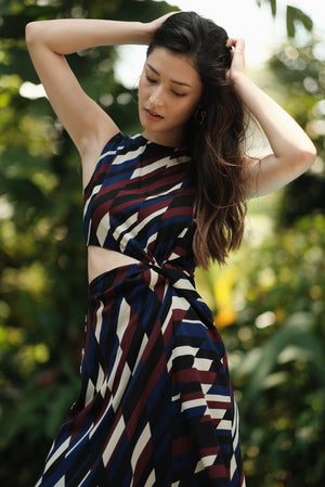 Marina Cut-Out Dress - Maroon Blue Geometric