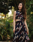 Marina Cut-Out Dress - Maroon Blue Geometric / Houndstooth