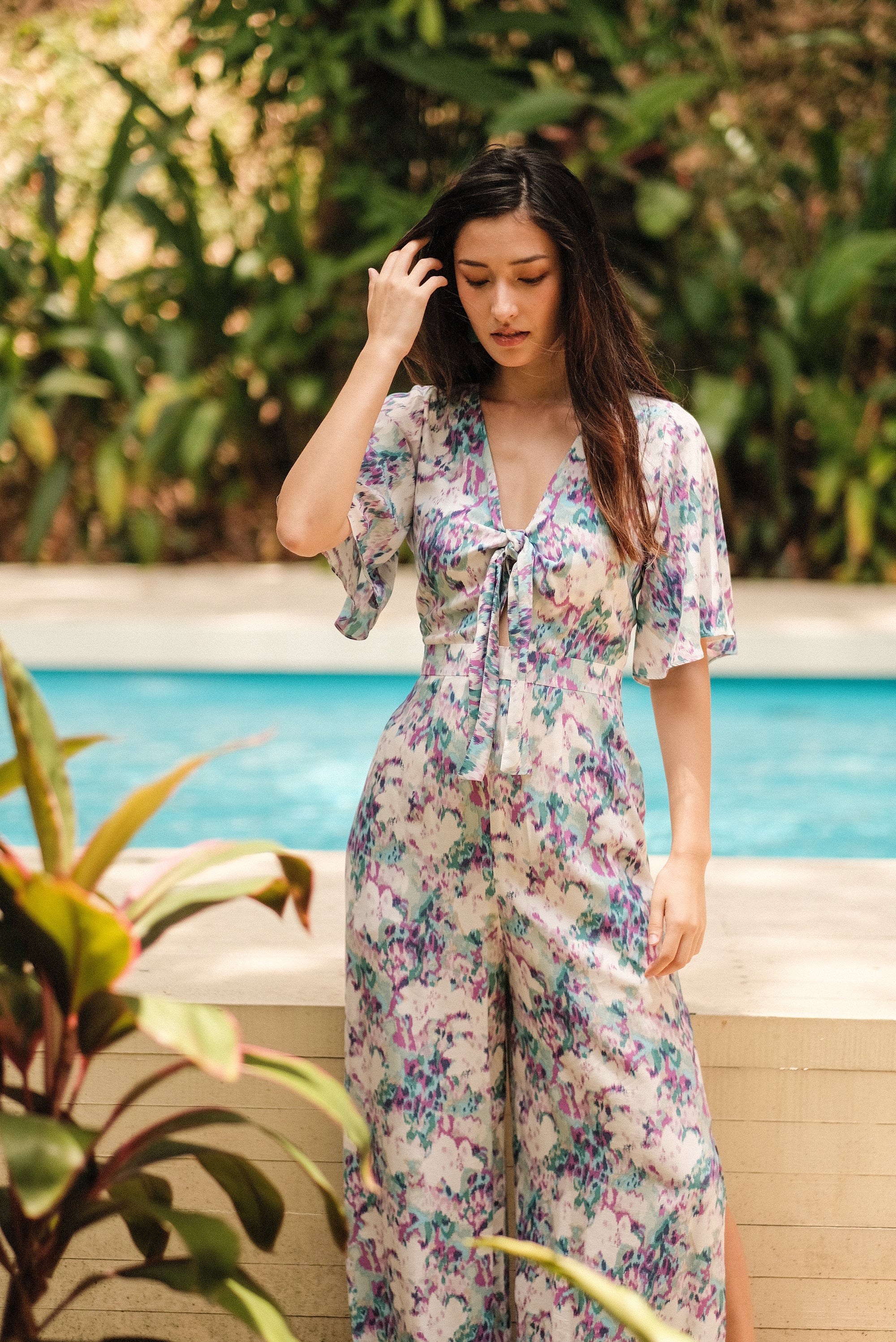 Rory Tie-Front Maxi Jumpsuit - Purple Ikat